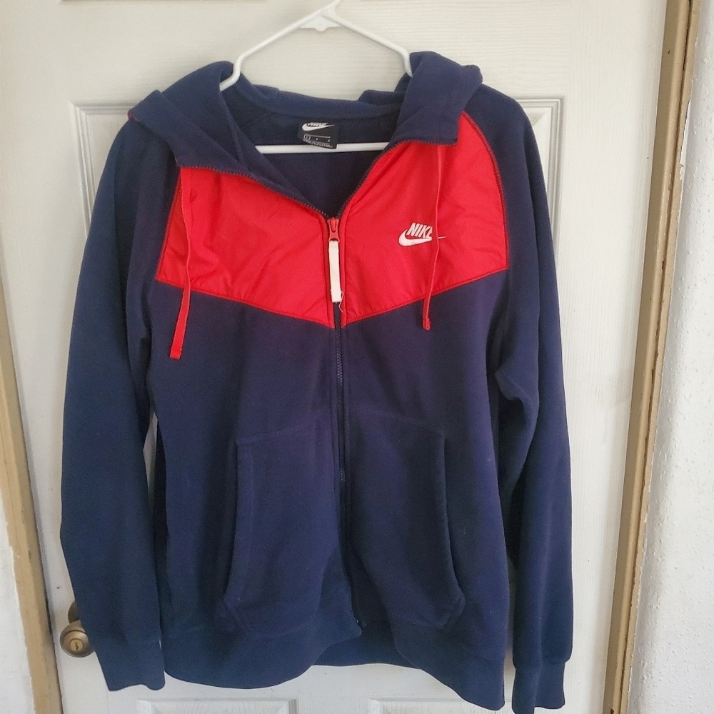 Nike Sportswear Polar Fleece Full Zip Up Navy and Red Hoodie, Size Large